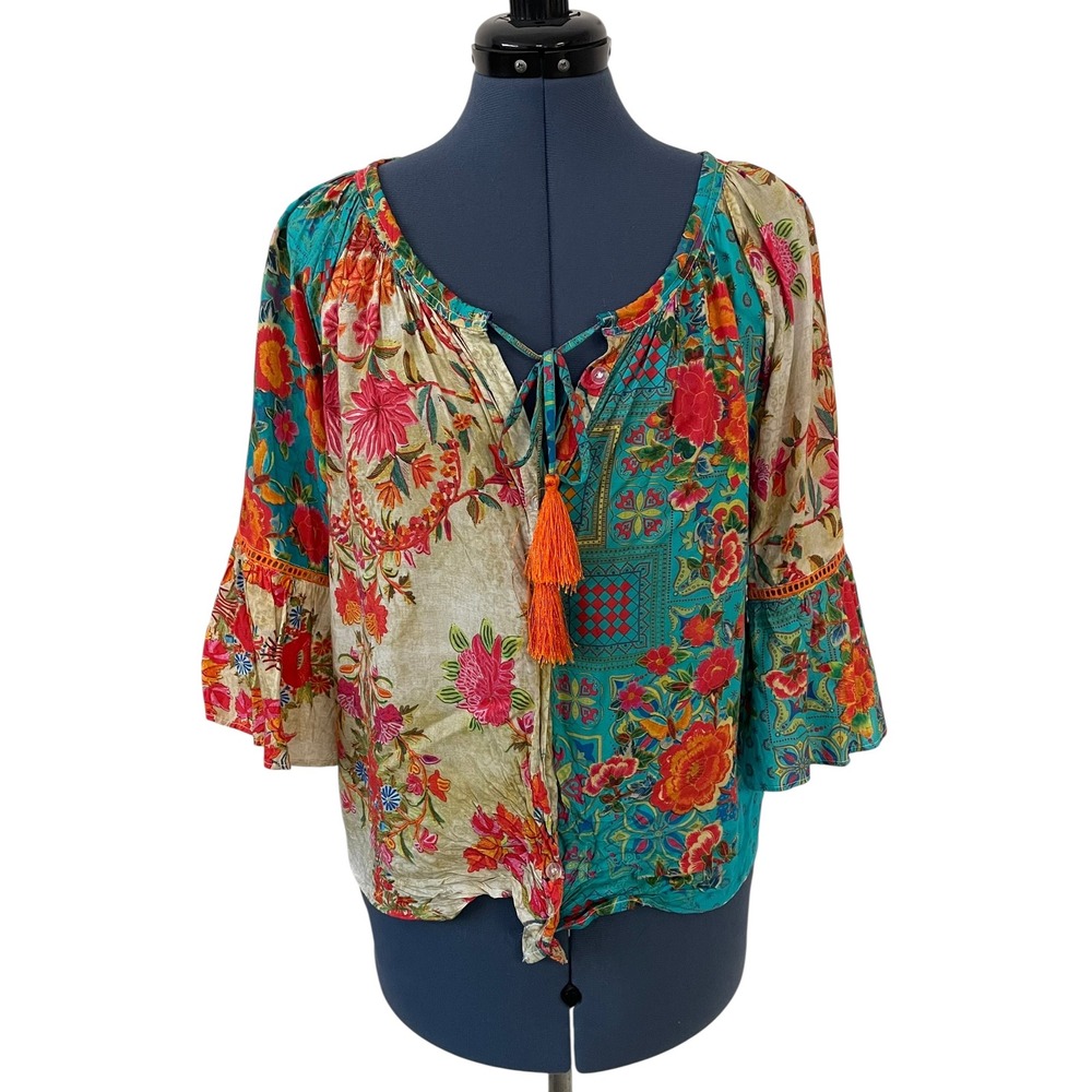 Lula Soul Floral Patchwork Tassel Bell Sleeve Button Up Peasant Top Boho Chic S - Picture 2 of 14
